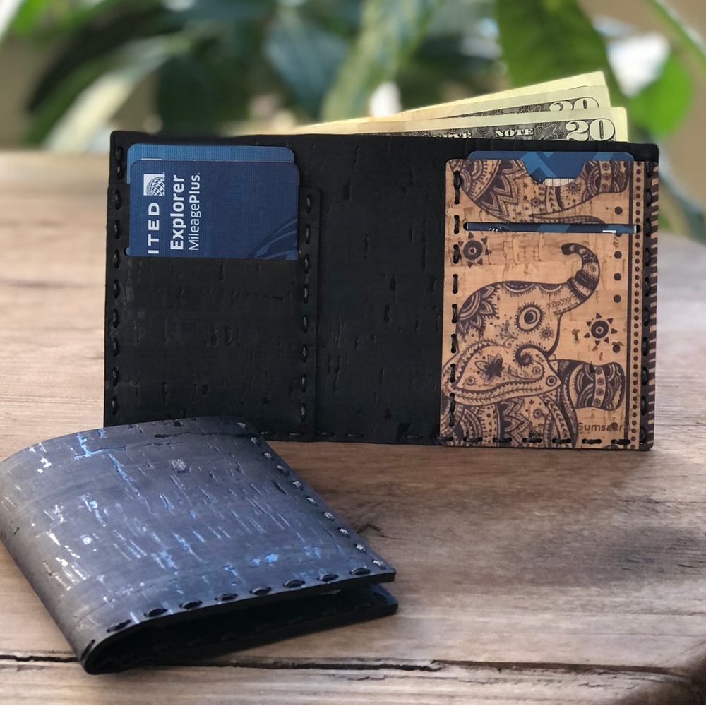 Sumsaara UniSex Good Luck Elephant BiFold Cork Wallet